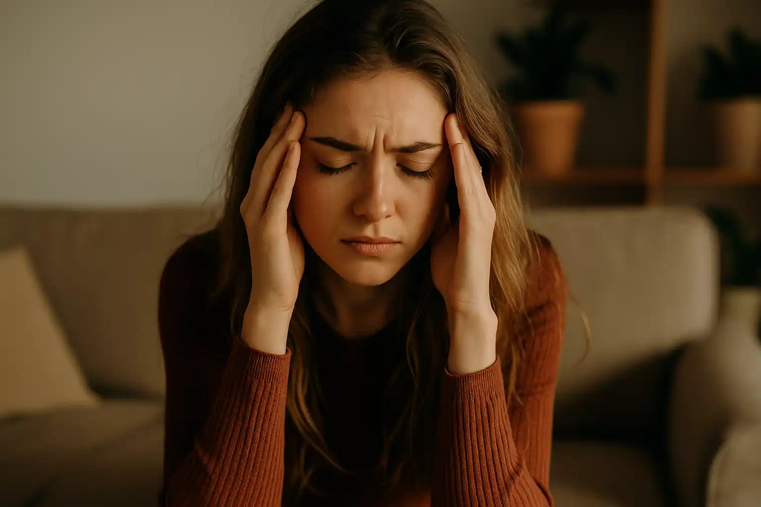 Femme souffrant de stress ou de maux de tête, assise sur un canapé, les mains sur les tempes, yeux fermés, dans une ambiance tamisée.