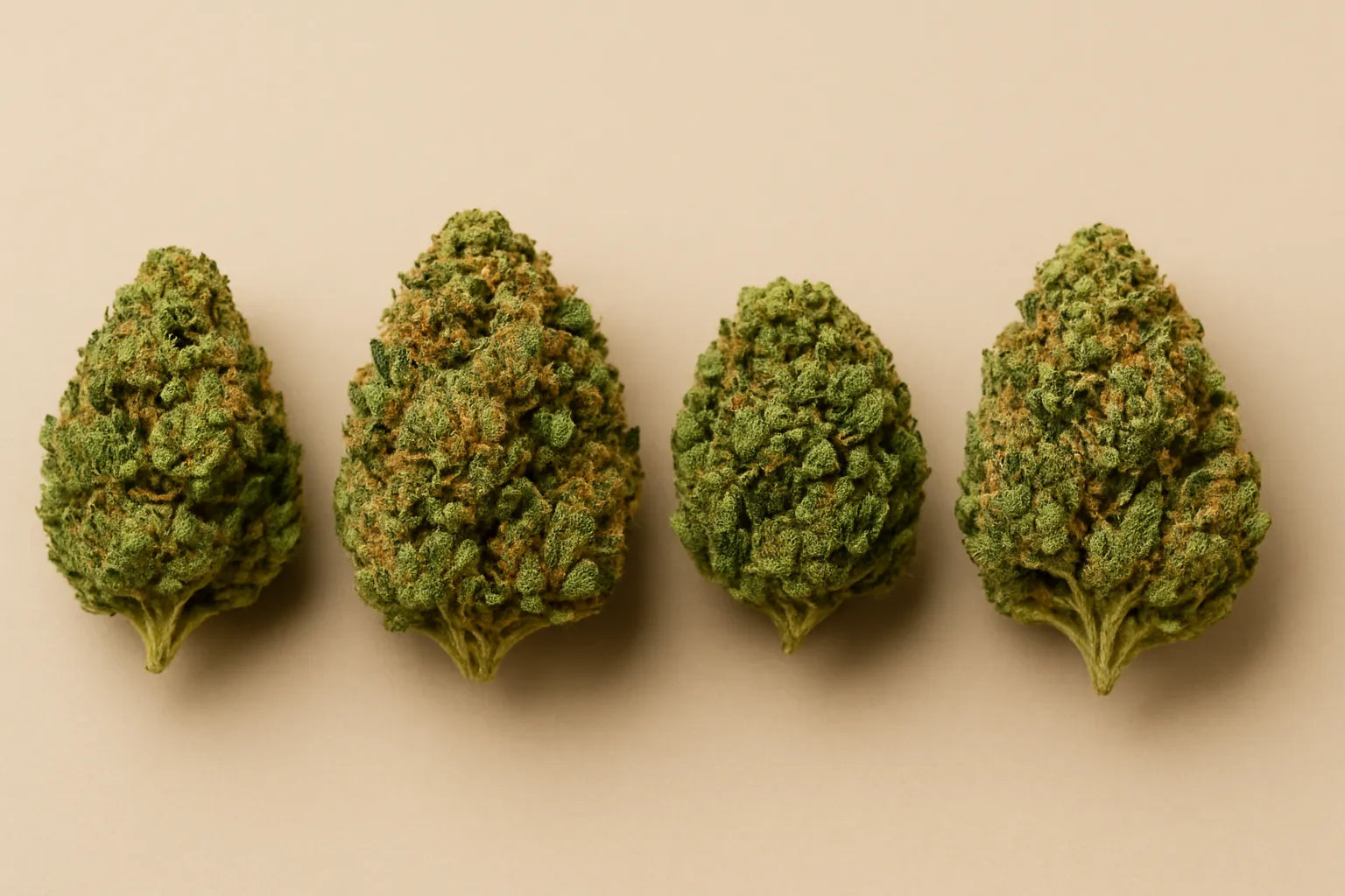 Quatre fleurs de cannabis de qualité premium disposées soigneusement sur un fond en bois naturel.