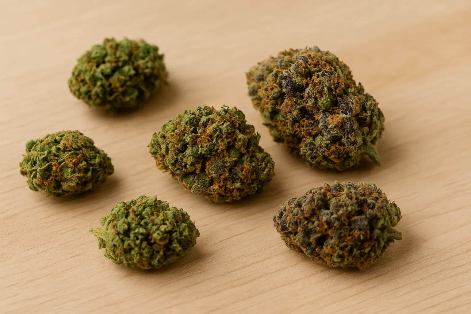 Buds de la collection THC+ exposés en cercle sur un fond en bois naturel.