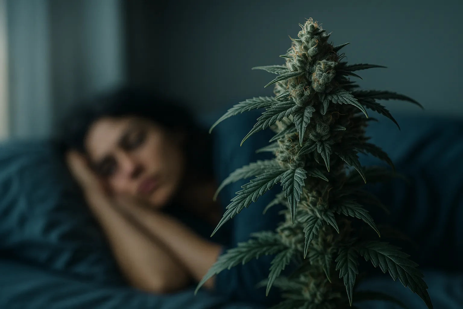 Gros plan sur une plante de CBD en floraison avec une femme allongée en arrière-plan, ambiance calme et sommeil profond