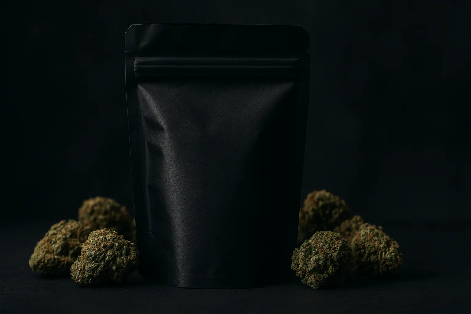 Pochon noir mat de fleurs CBD premium entouré de têtes denses, sur fond sombre et épuré, ambiance haut de gamme.