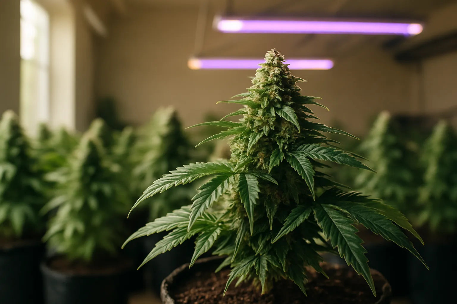Culture indoor de cannabis premium, avec une plante en pleine floraison sous lumière naturelle et LED, mise au point sur un bourgeon dense et résineux.