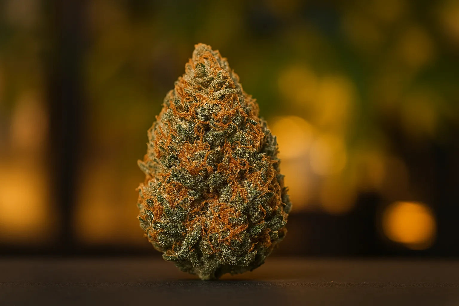 Grosse tête de cannabis résineuse en gros plan, avec trichomes brillants et teintes orangées, dans une ambiance de culture indoor.