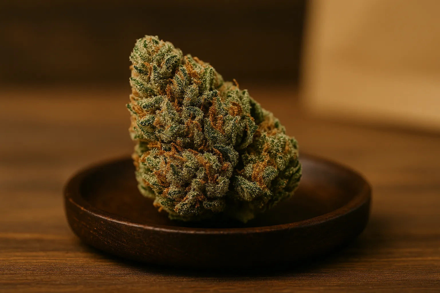 Tête de cannabis dense et cristallisée posée dans une coupelle en bois, sur fond chaleureux, mettant en valeur les arômes et la qualité visuelle de la fleur.