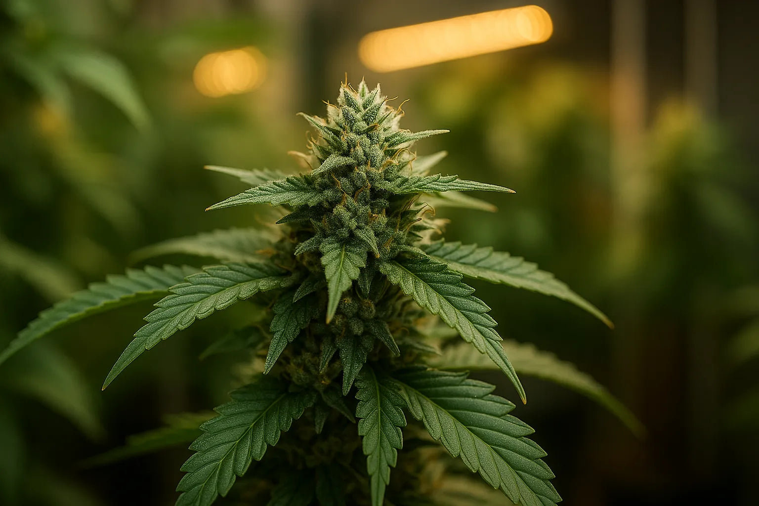 Grosse tête de cannabis résineuse en gros plan, avec trichomes brillants et teintes orangées, dans une ambiance de culture indoor.