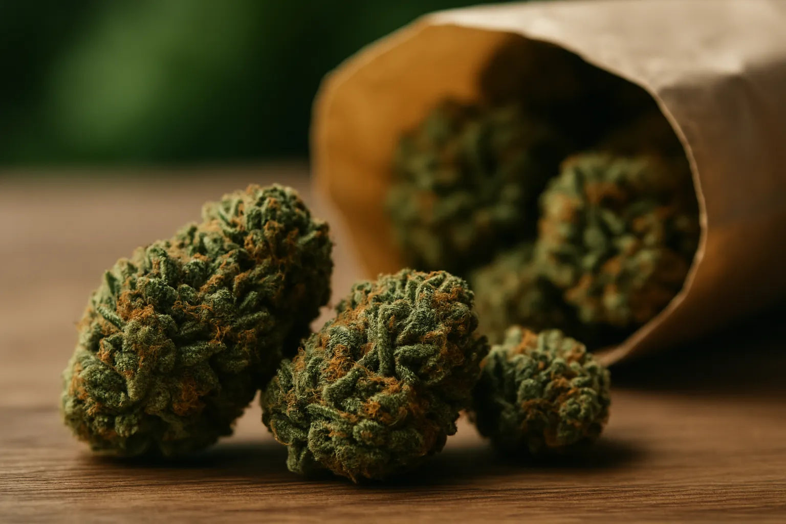 Gros plan sur des têtes de cannabis denses et résineuses, posées sur une table en bois avec un sachet kraft en arrière-plan, ambiance artisanale et premium.