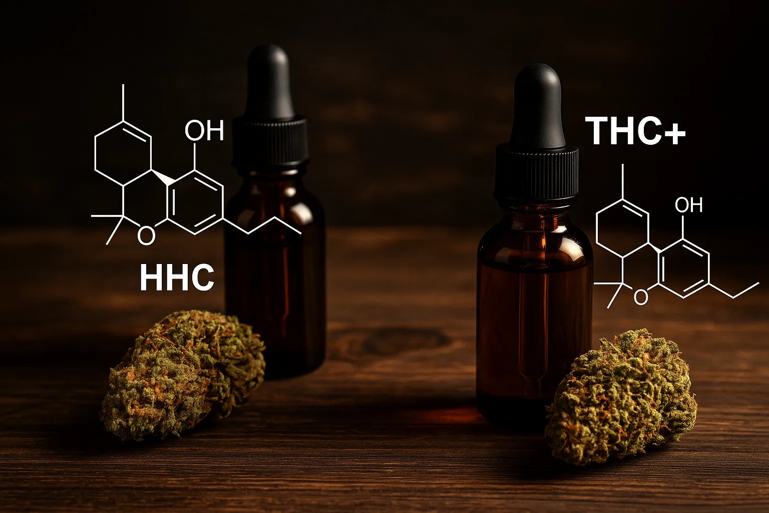 Comparatif visuel de deux buds de cannabis premium évoquant THC+ et HHC, sur fond sombre et ambiance luxe