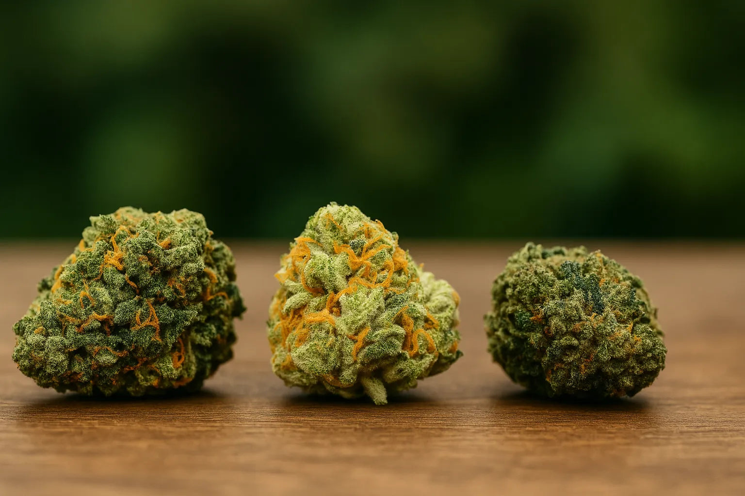 Trois têtes de cannabis alignées sur une surface en bois, chacune présentant une couleur, une texture et une densité différentes.