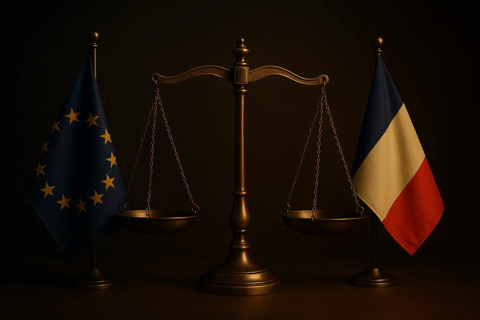 Balance de justice entre drapeaux UE et France, éclairage doré, illustration de la législation CBD.