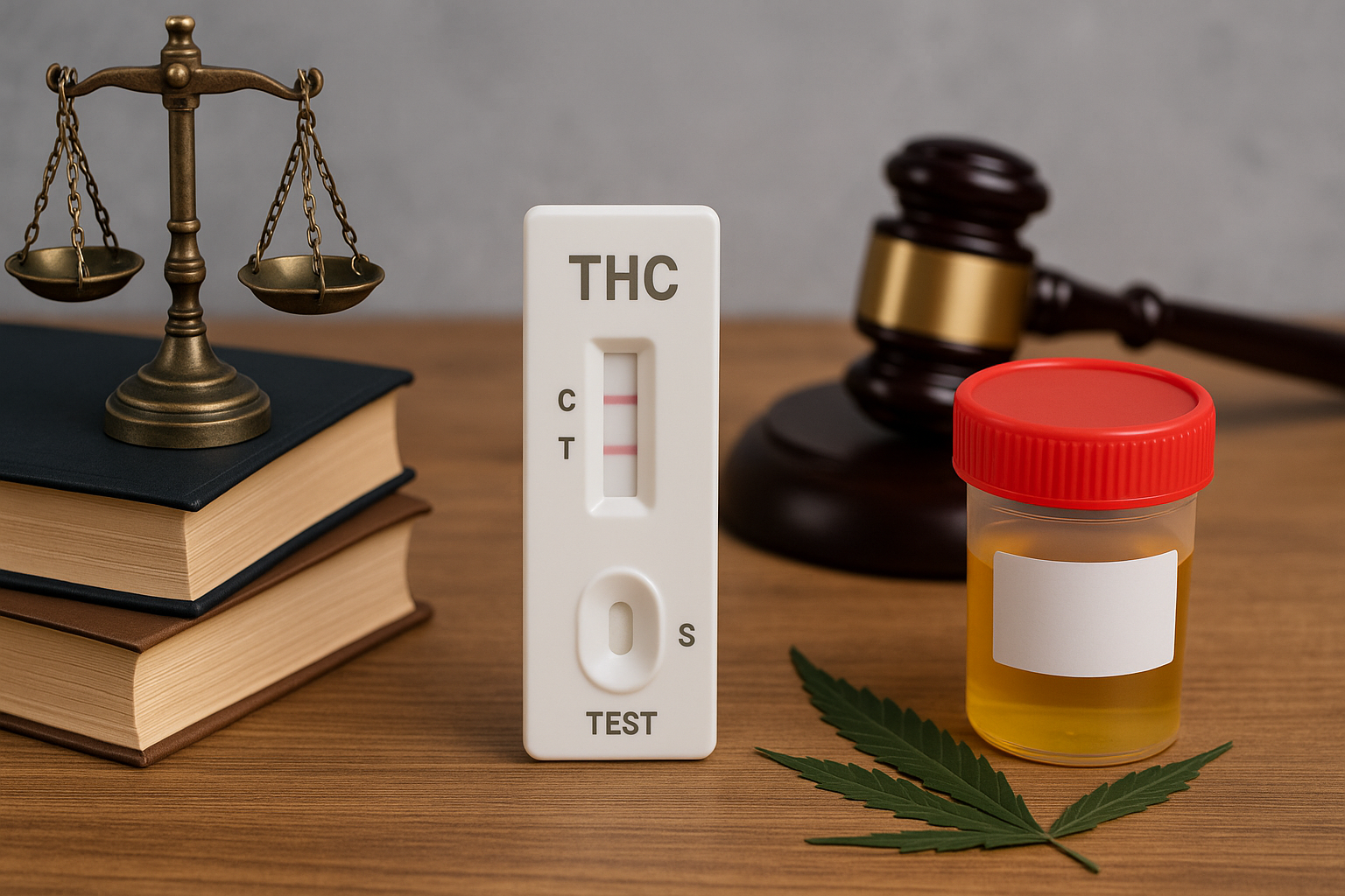 Test THC, Ă©chantillon urinaire et symboles juridiques sur table en bois â illustration des contrĂŽles et lĂ©gislation