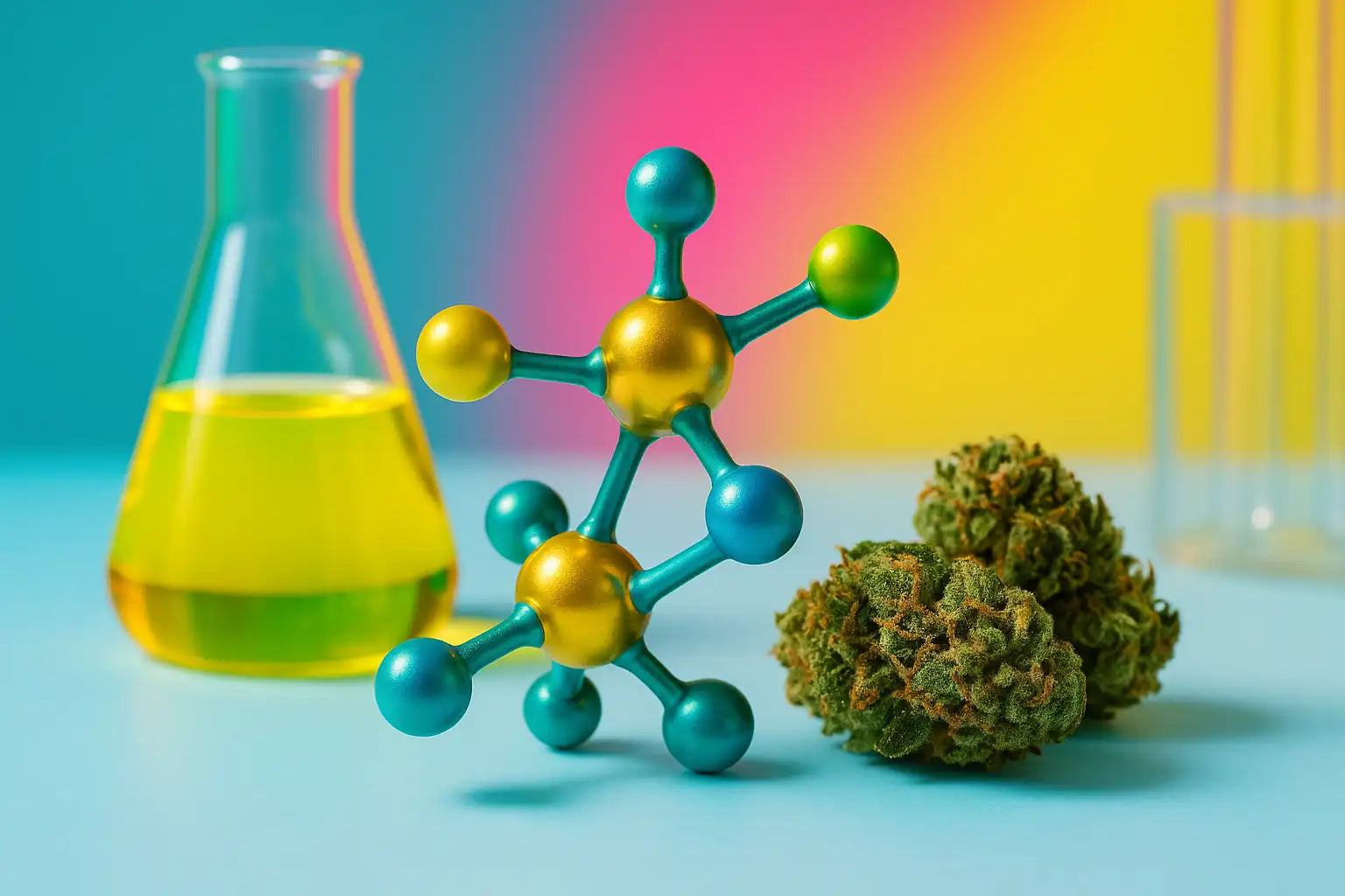 Molécule de H4CBD en laboratoire coloré avec fleurs de cannabis premium et verrerie scientifique.