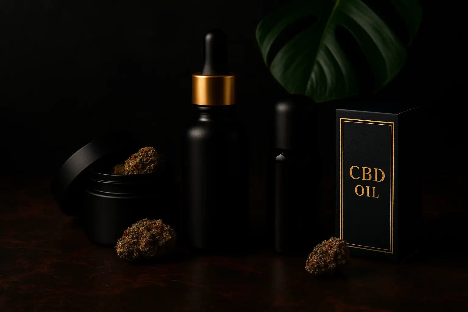 Produits CBD premium présentés dans une ambiance élégante et sombre avec flacons noirs et fleurs de CBD