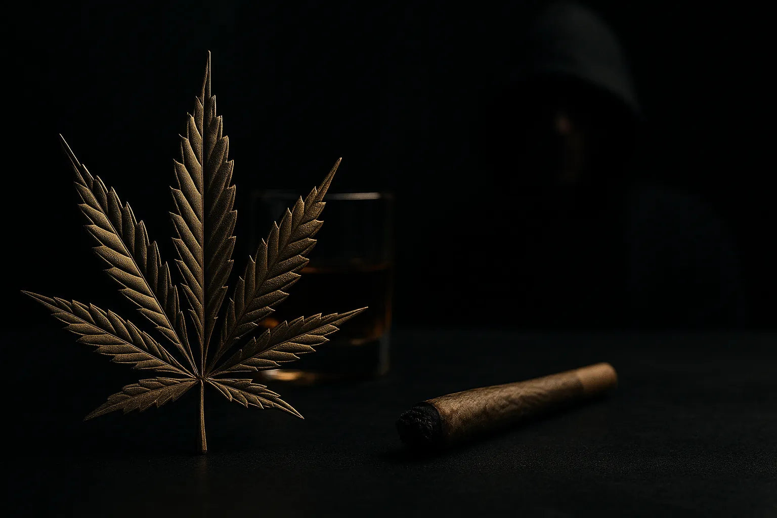Feuille de cannabis dorée mise en valeur par un éclairage sombre et élégant, illustrant la culture, les effets et la curiosité autour du delta 9 THC.