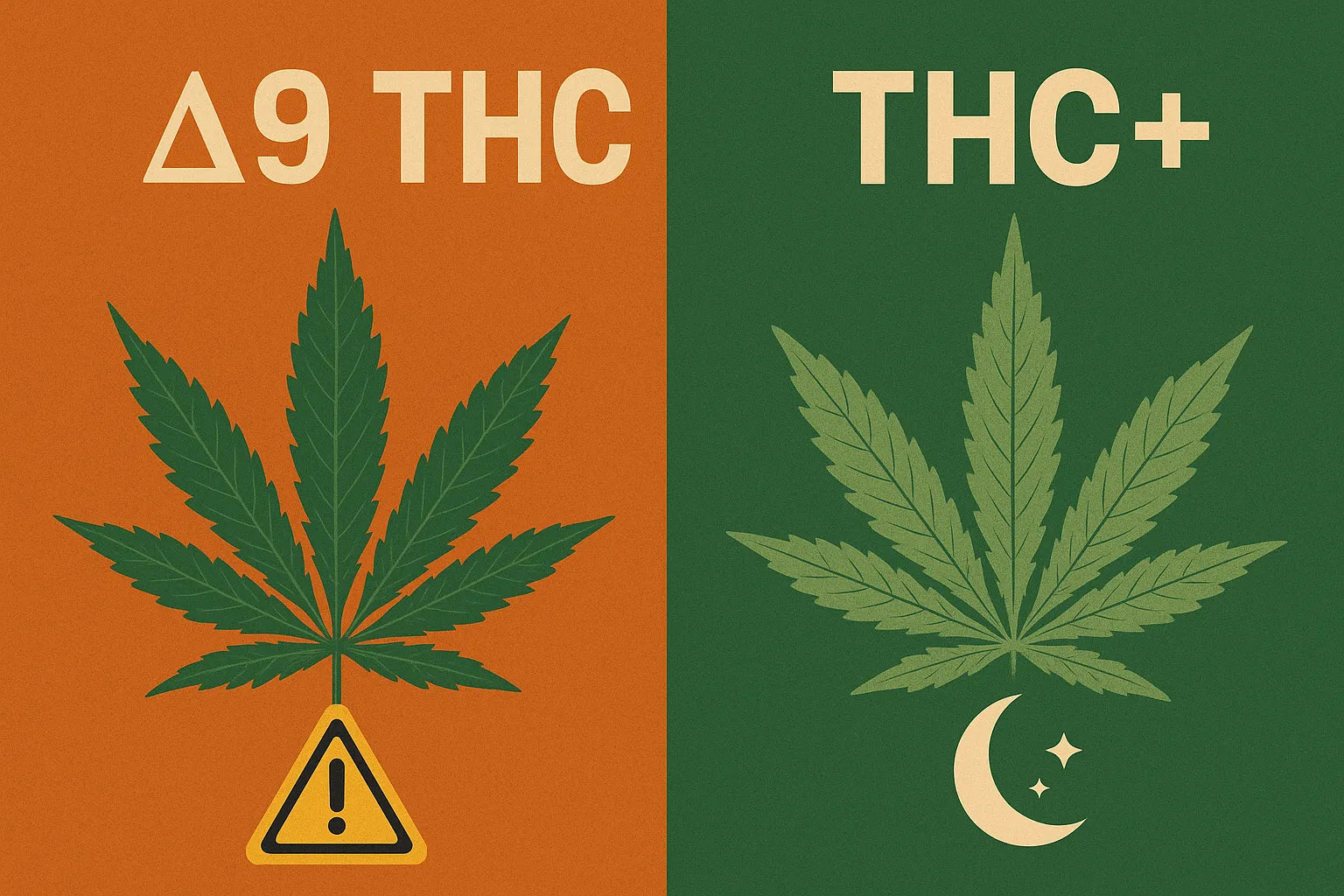 Illustration comparative Delta 9 THC vs THC+, avec une feuille de cannabis et un symbole de danger pour le THC, et une feuille de cannabis avec lune et étoiles pour le THC+, ambiance premium et contrastée.