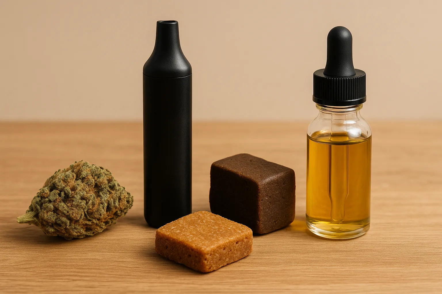 âFleurs, rĂ©sines, edibles et huiles CBD disposĂ©s sur table en bois â illustration des diffĂ©rentes mĂ©thodes dâusage et de leur impact sur la dĂ©tection du THC dans lâurine.