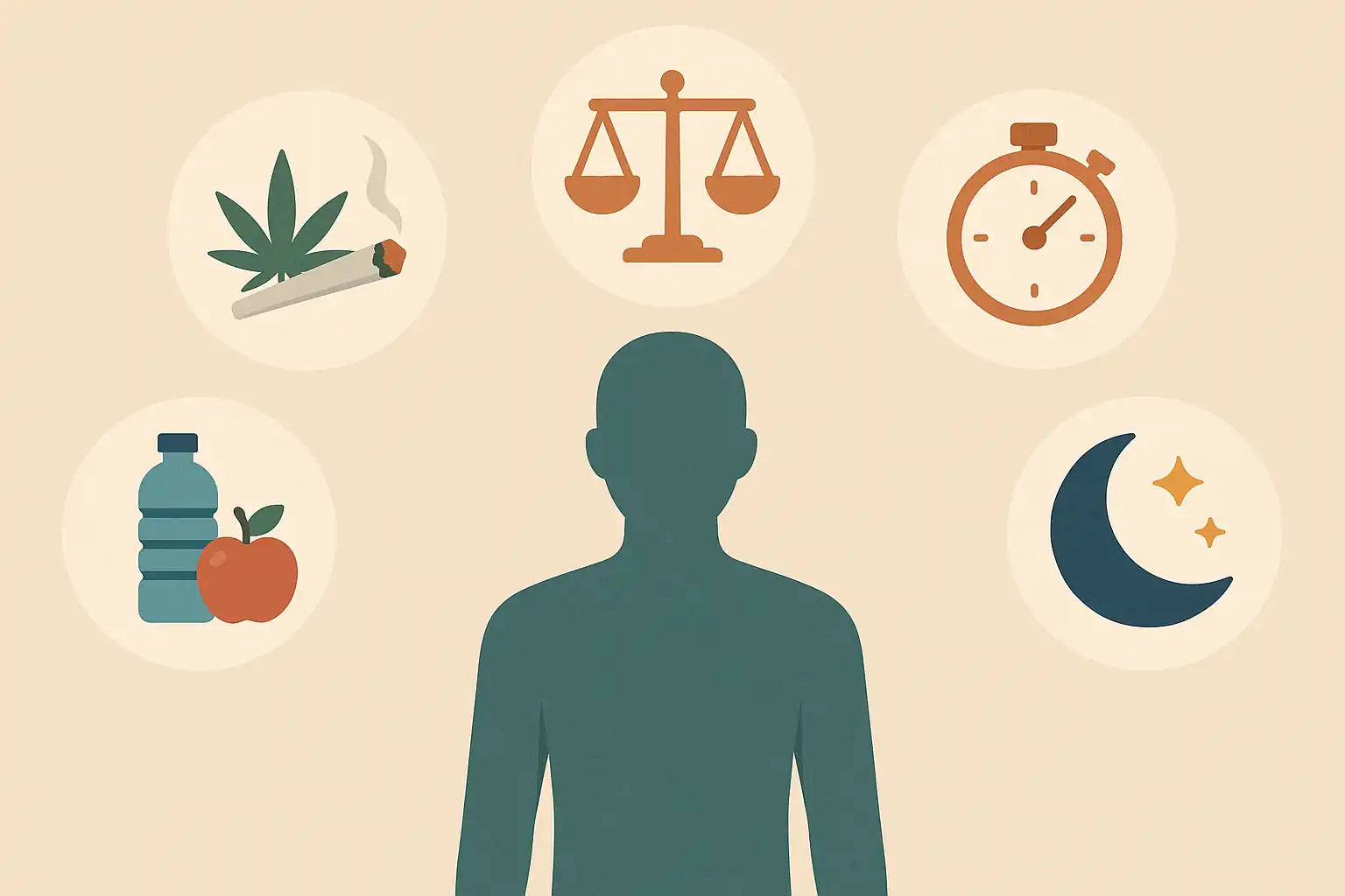 Illustration des facteurs influençant la durée de présence du THC dans le sang (métabolisme, fréquence, hydratation, sommeil).