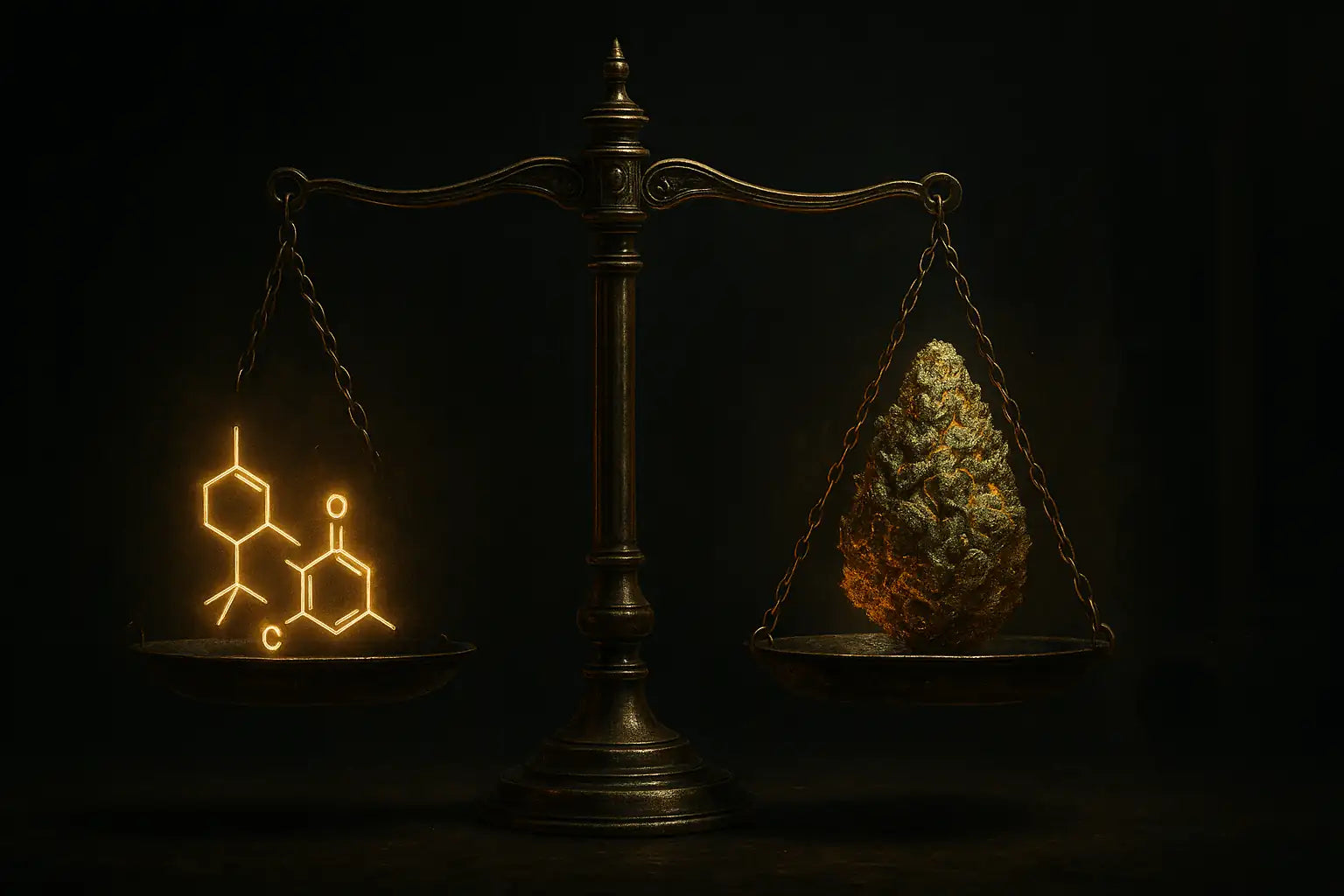 Illustration premium d’une balance de luxe comparant un symbole THCV estompé à une fleur THC+ lumineuse.