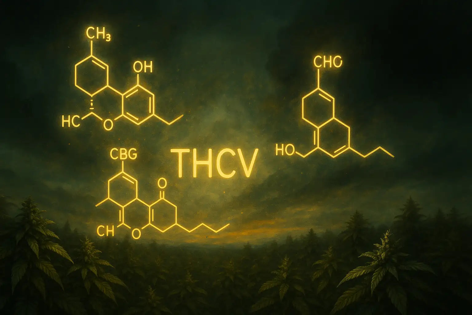 Illustration cinématographique montrant les molécules CBD, CBG et THC+ en orbite autour d’un symbole THCV estompé dans une ambiance premium éclaircie.