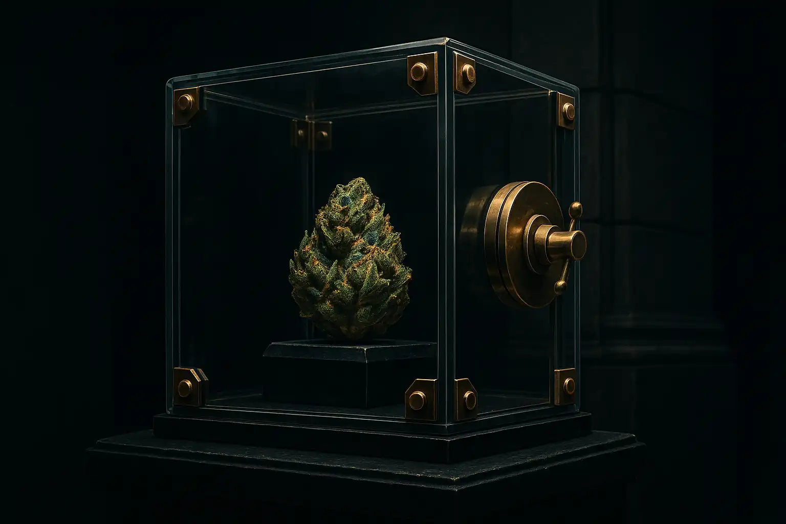 Illustration street-luxe d’un joyau rare de cannabis enfermé dans un coffre-fort en verre de luxe.