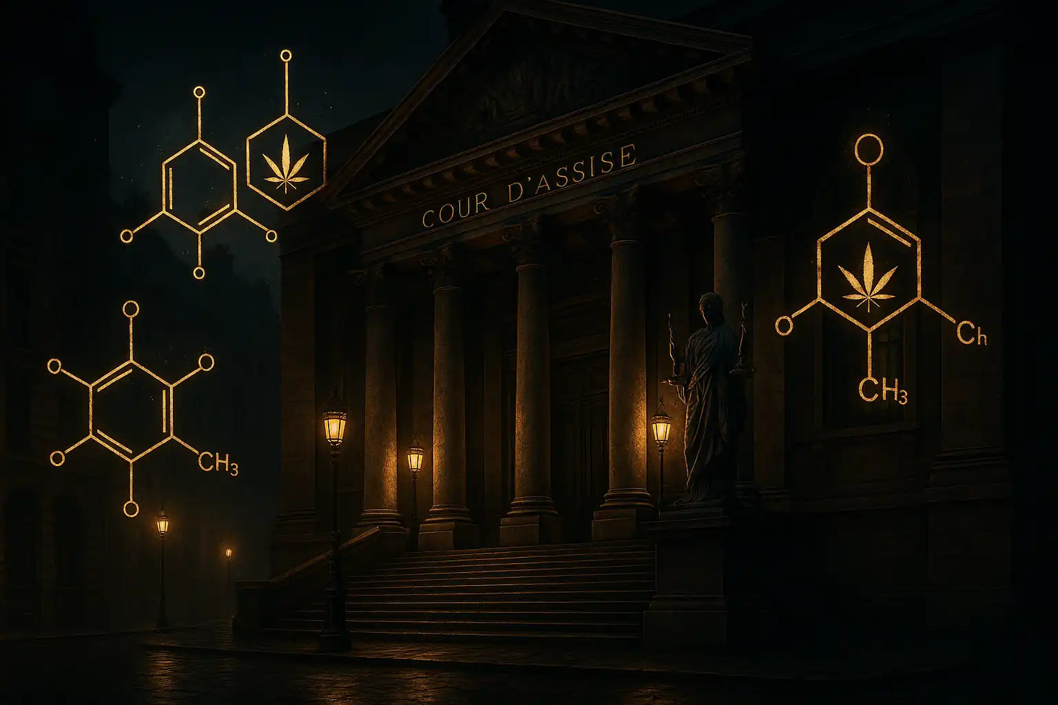 Illustration street-luxe d’un tribunal français avec des symboles moléculaires de cannabis flottant dans l’air.