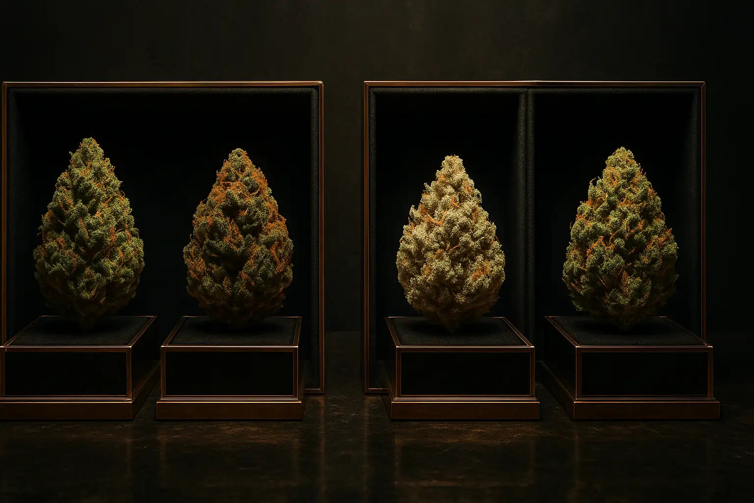 Illustration premium de quatre variétés de cannabis (Gozilla Skunk, Gorilla Glue, Crystal Ivory, Hawaiian Dream Pie) exposées comme des joyaux rares dans un écrin street-luxe.