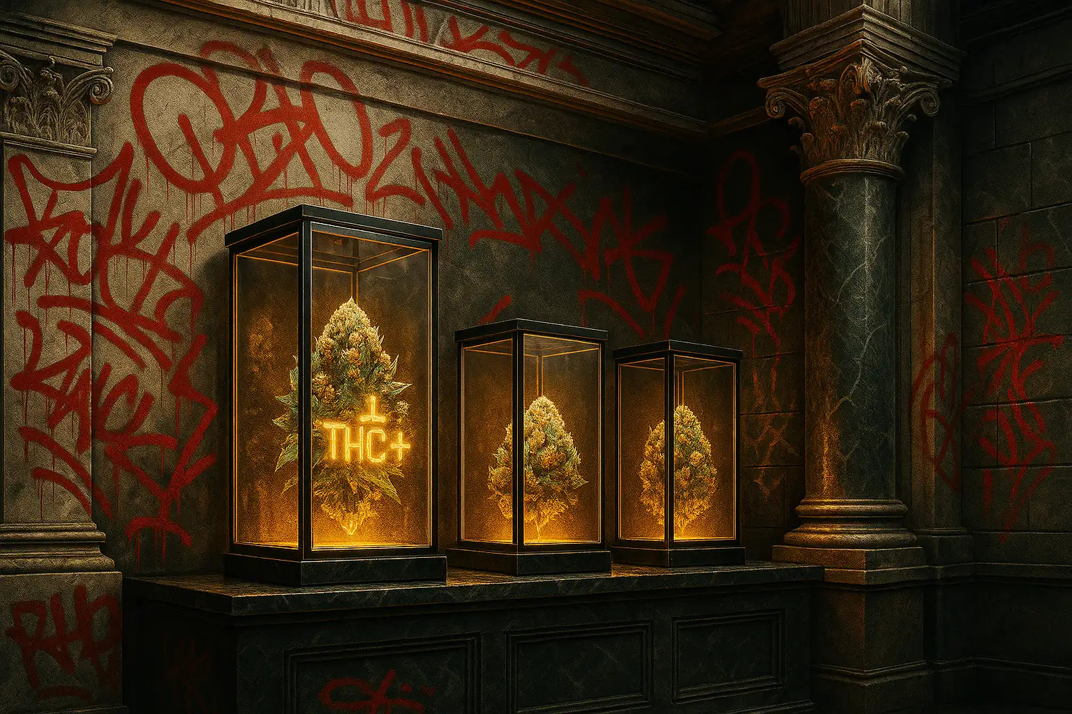Illustration premium fusionnant graffiti urbain et architecture en marbre avec des fleurs THC+ exposées dans des vitrines lumineuses.