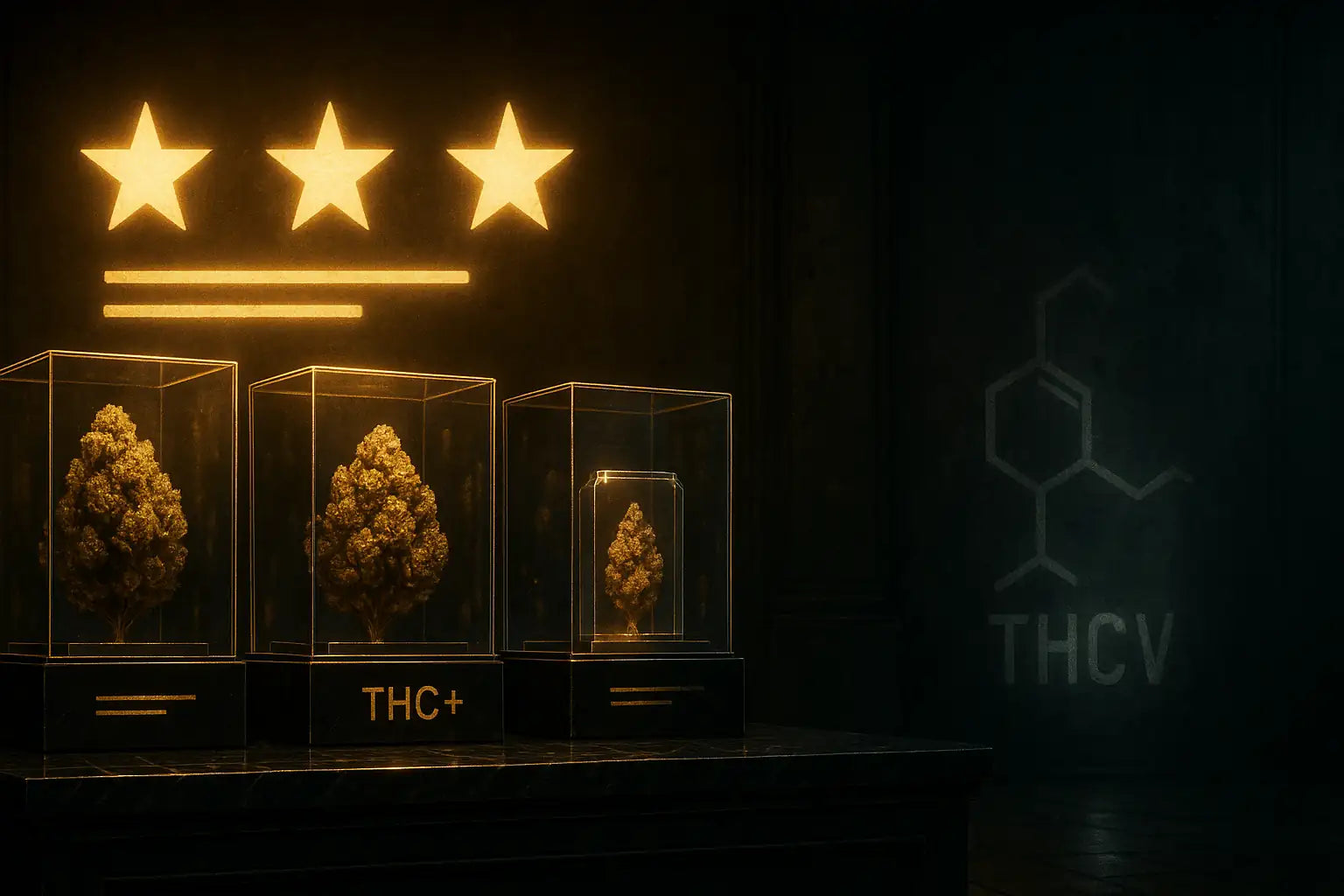 Illustration premium d’une vitrine de cannabis THC+ illuminée par des avis clients brillants, contrastant avec l’ombre estompée du THCV.