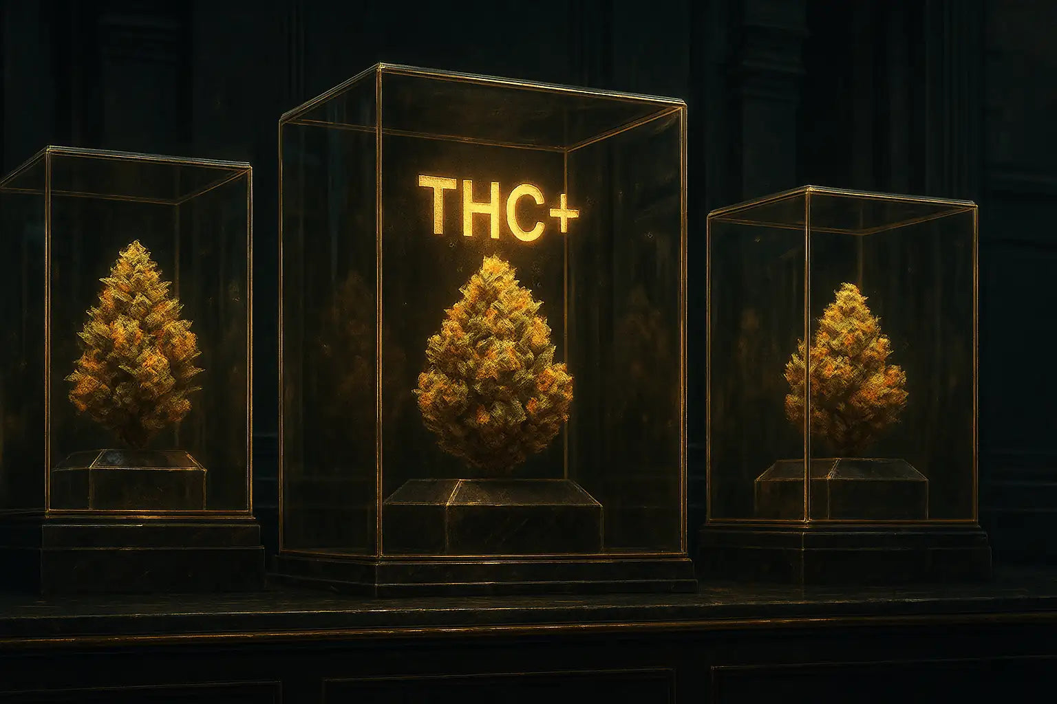Illustration street-luxe d’une vitrine de luxe exposant des fleurs THC+ dans des écrins de cristal lumineux.
