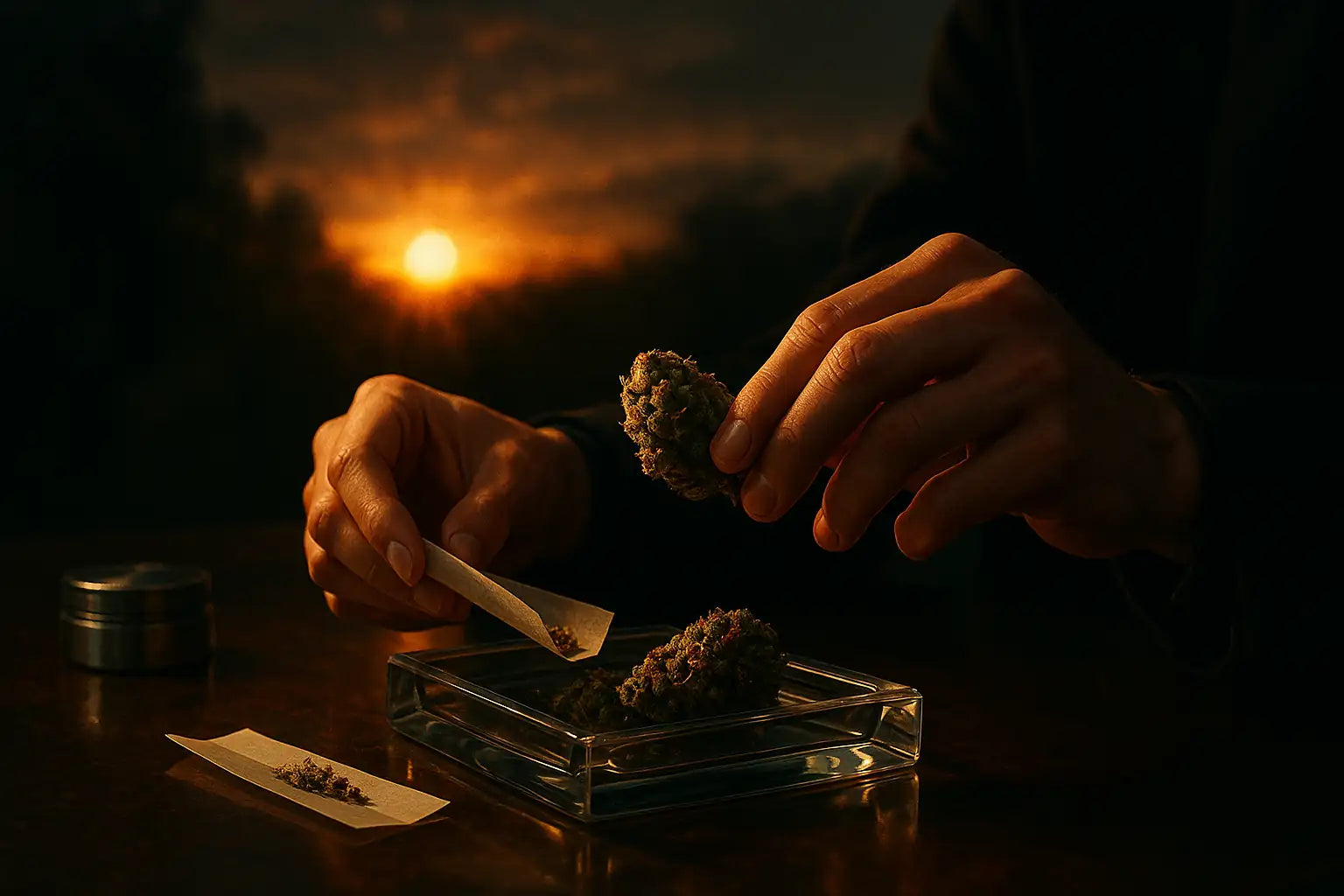 Illustration premium d’un lever de soleil avec des mains préparant un joint de luxe THC+, symbolisant clarté et énergie.