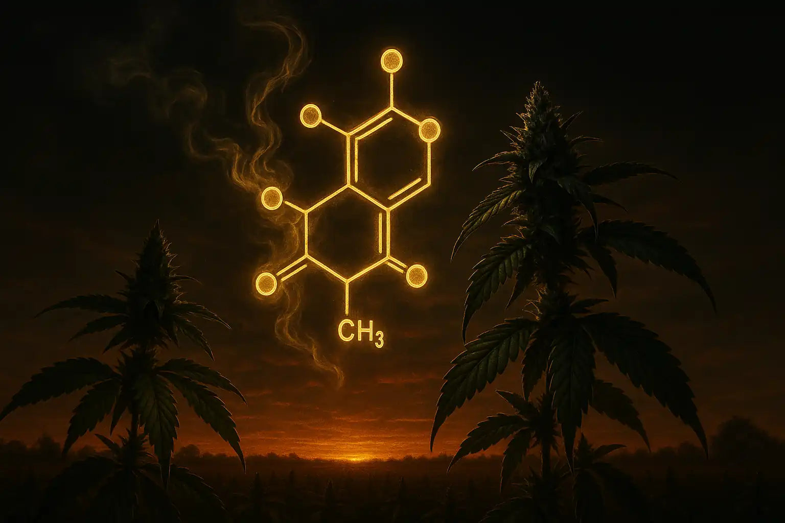 Illustration premium sombre montrant le THCV issu des champs de sativa africains au crépuscule.