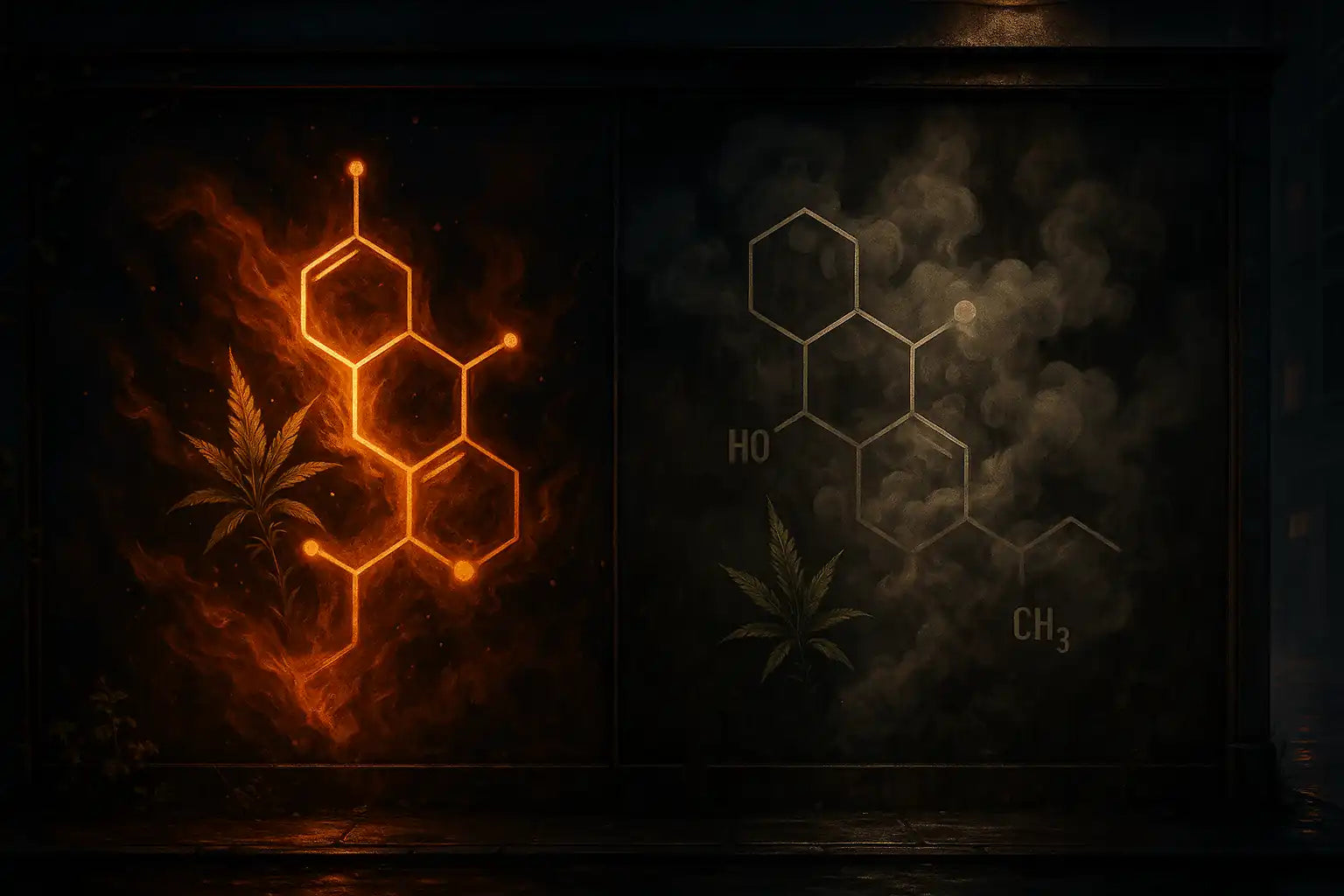 Illustration street-luxe montrant un duel visuel entre THCV et THC dans une ambiance urbaine sombre et premium.