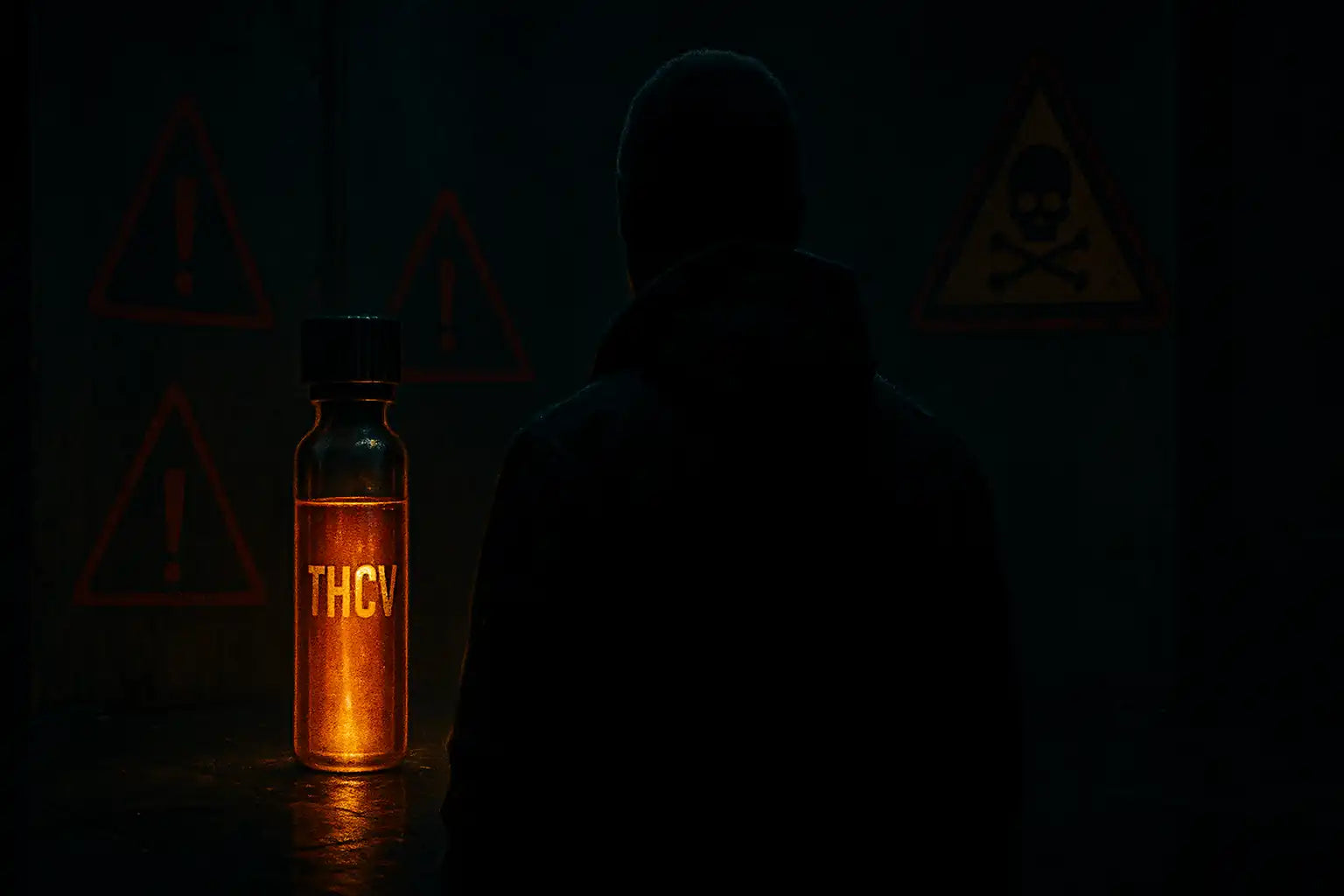 Illustration street-luxe d’une fiole lumineuse de THCV entourée de signes d’avertissement dans une ambiance sombre et premium.