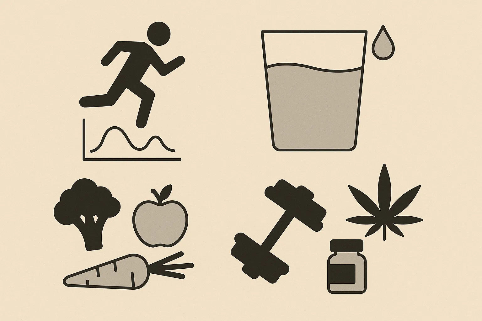 Illustration des facteurs qui influencent la durée de présence du THC dans le corps : métabolisme, hydratation, alimentation, activité physique et type de produit consommé.