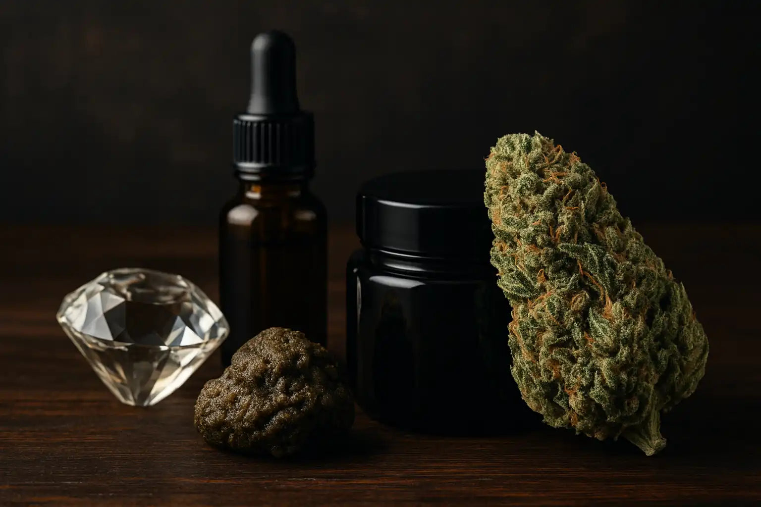 Collection THC+ premium Chez Baba : fleur CBD, résine et extrait légal haut de gamme sur fond sombre, ambiance cannabis de luxe