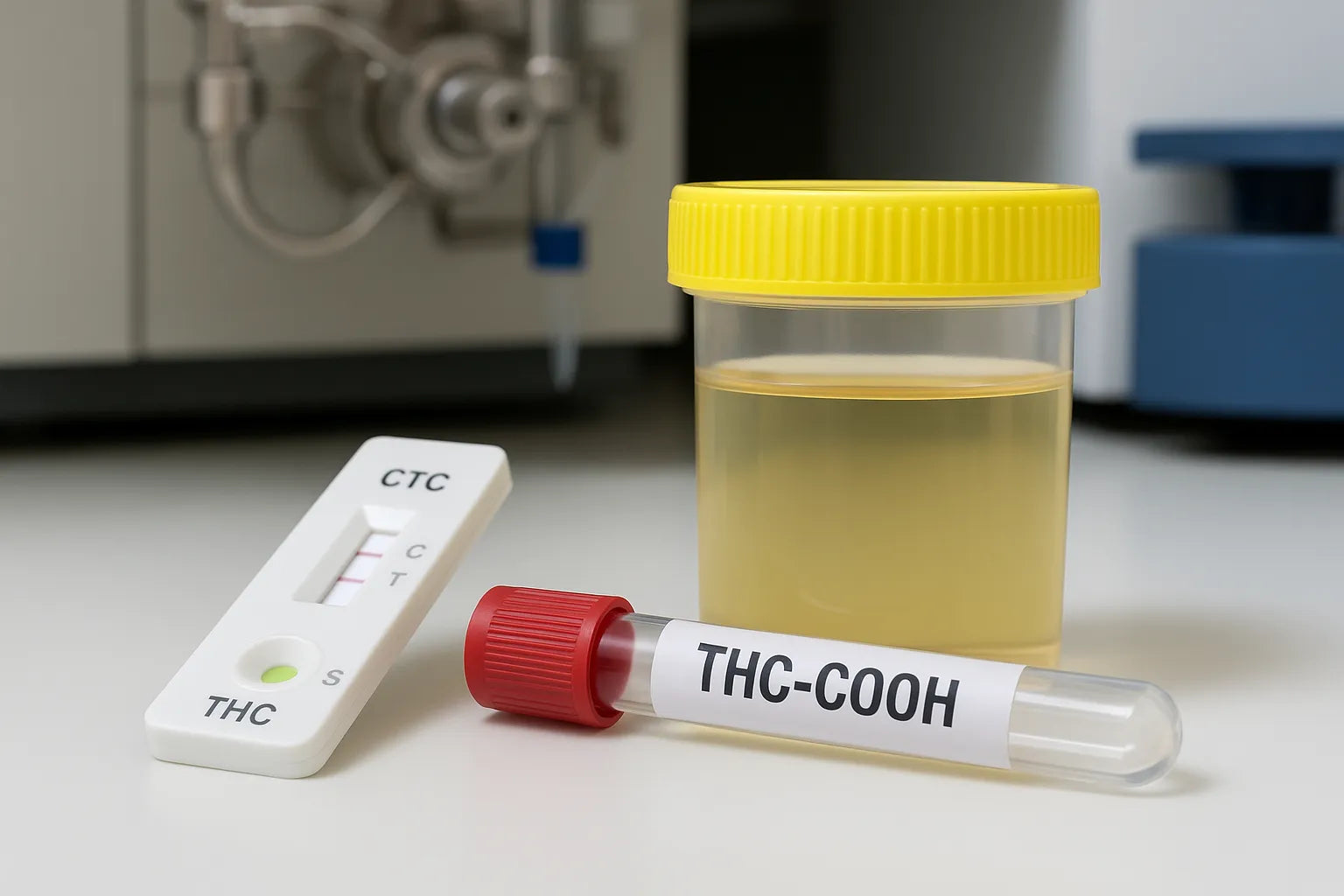 Analyse urinaire en laboratoire avec flacon dâĂ©chantillon et test de dĂ©pistage du THC-COOH, mĂ©tabolite dĂ©tectĂ© lors des tests urinaires