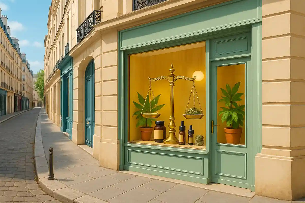 Boutique de CBD à Paris exposant du H4CBD en vitrine, ambiance urbaine street-luxe