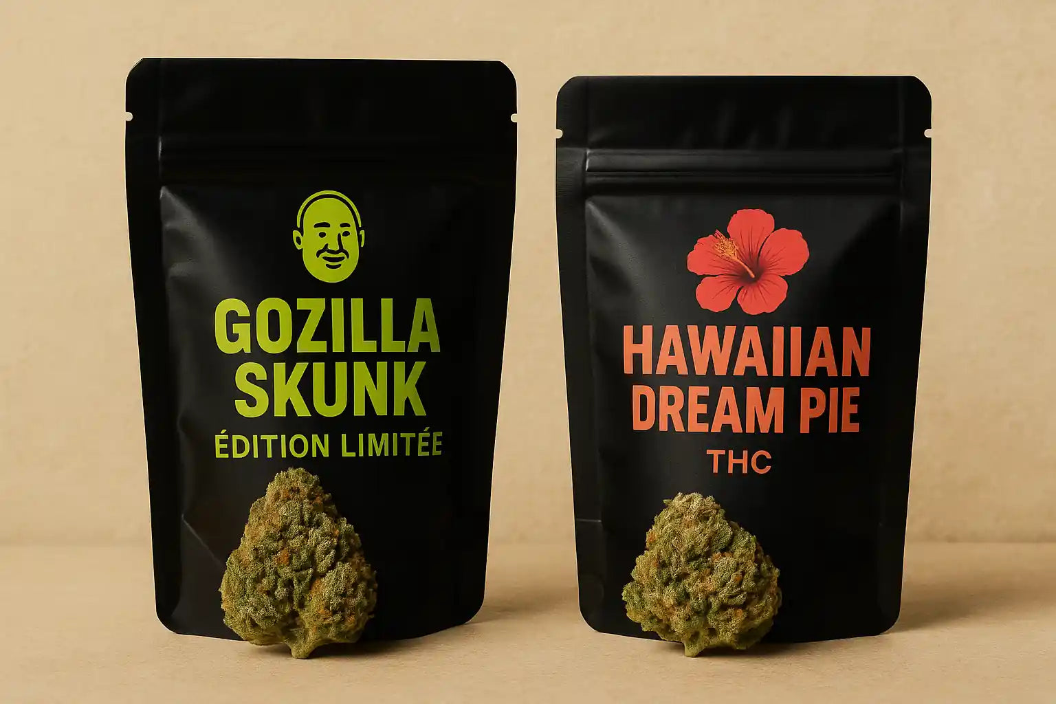 Sélection Collector THC+ édition limitée chez Baba – variétés premium Gozilla Skunk et Hawaiian Dream Pie, buds résineux et exclusifs en édition rare, ambiance street-luxe.