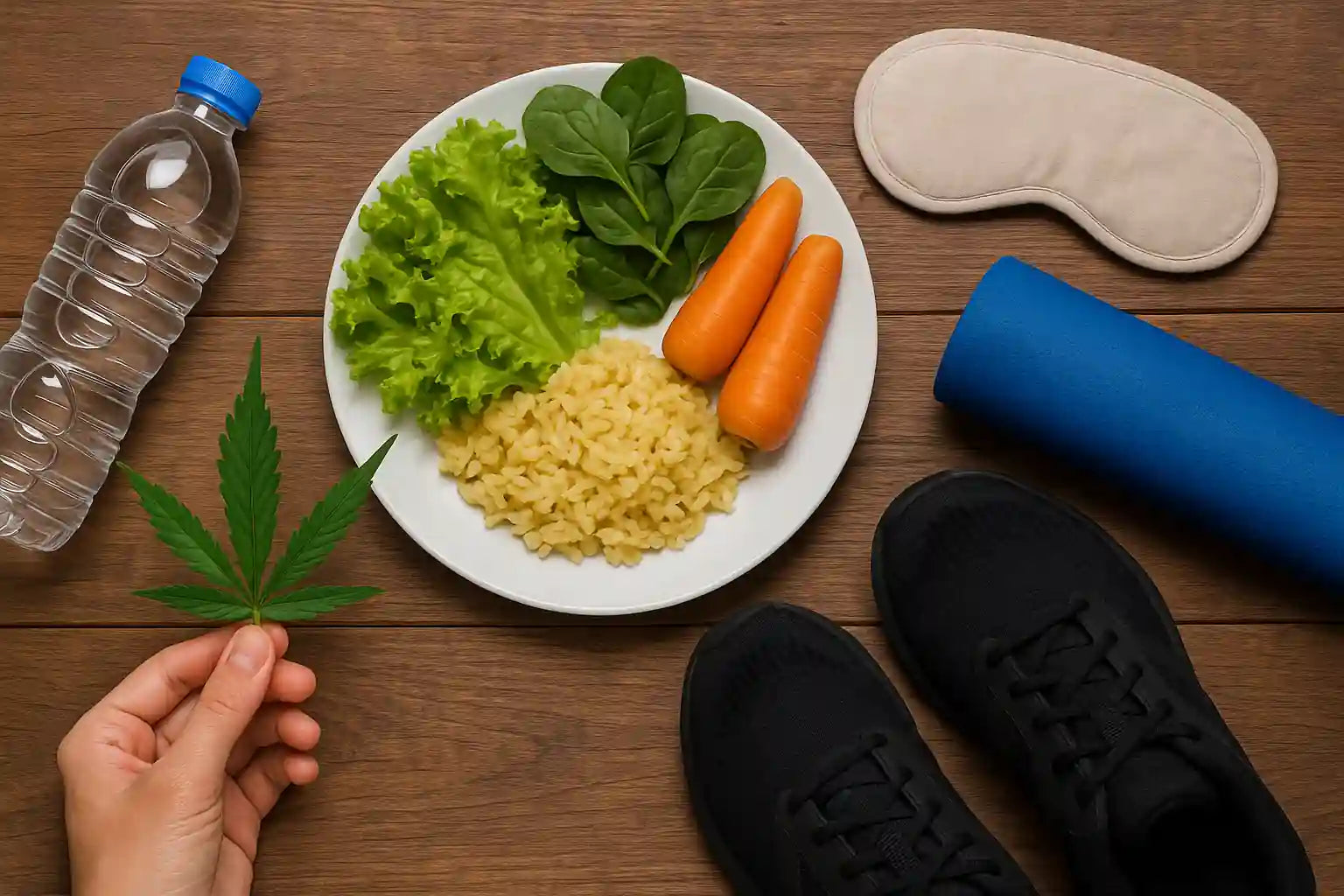Routine bien-ĂȘtre : hydratation, alimentation lĂ©gĂšre, repos et activitĂ© douce pour Ă©limination naturelle du THC â illustration premium Chez Baba