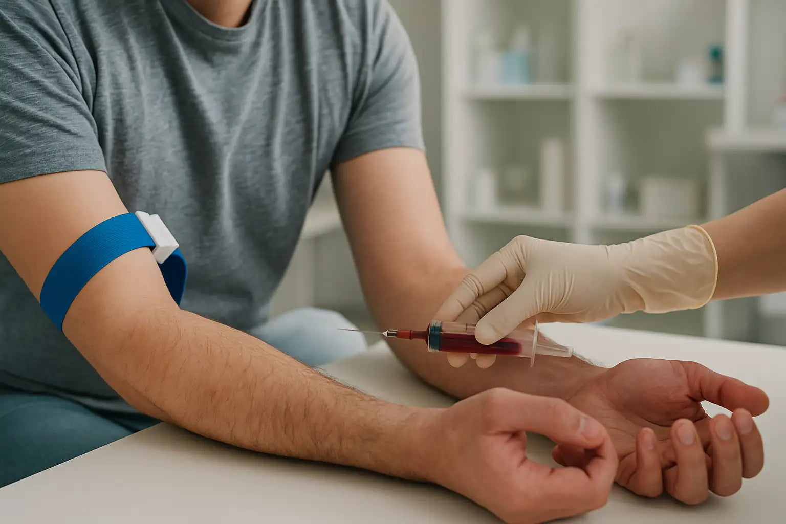 Prélèvement sanguin en laboratoire illustrant un test de détection du THC dans le sang, réalisé par un professionnel de santé.