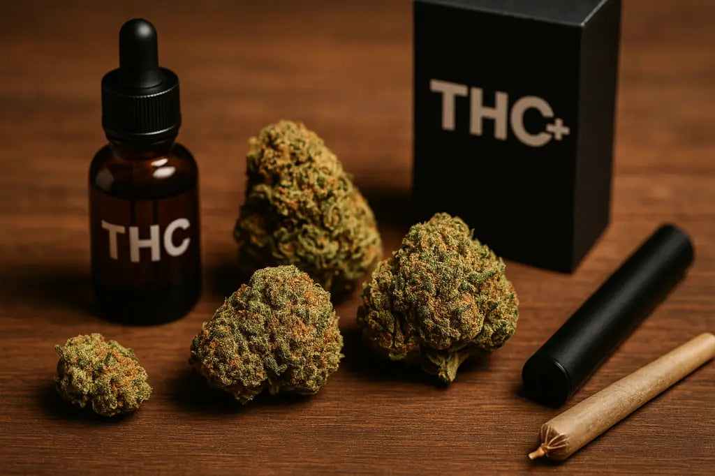 Présentation élégante de fleurs de cannabis premium THC+ signées Chez Baba, sur fond bois, illustrant l’alternative légale et haut de gamme au THC traditionnel.