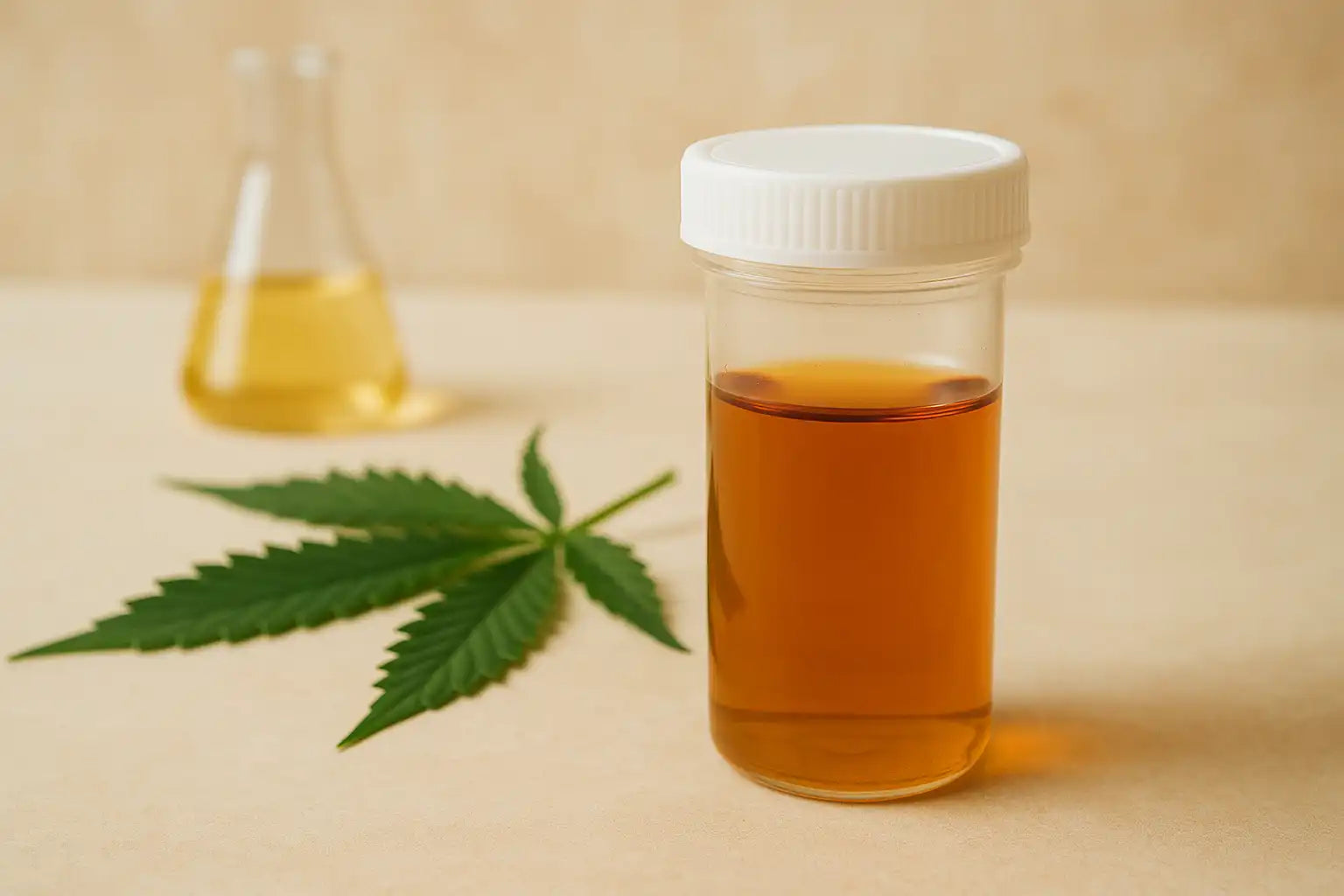 âRĂ©cipient dâanalyse dâurine sur fond neutre, illustrant la dĂ©tection du THC dans lâurine.â