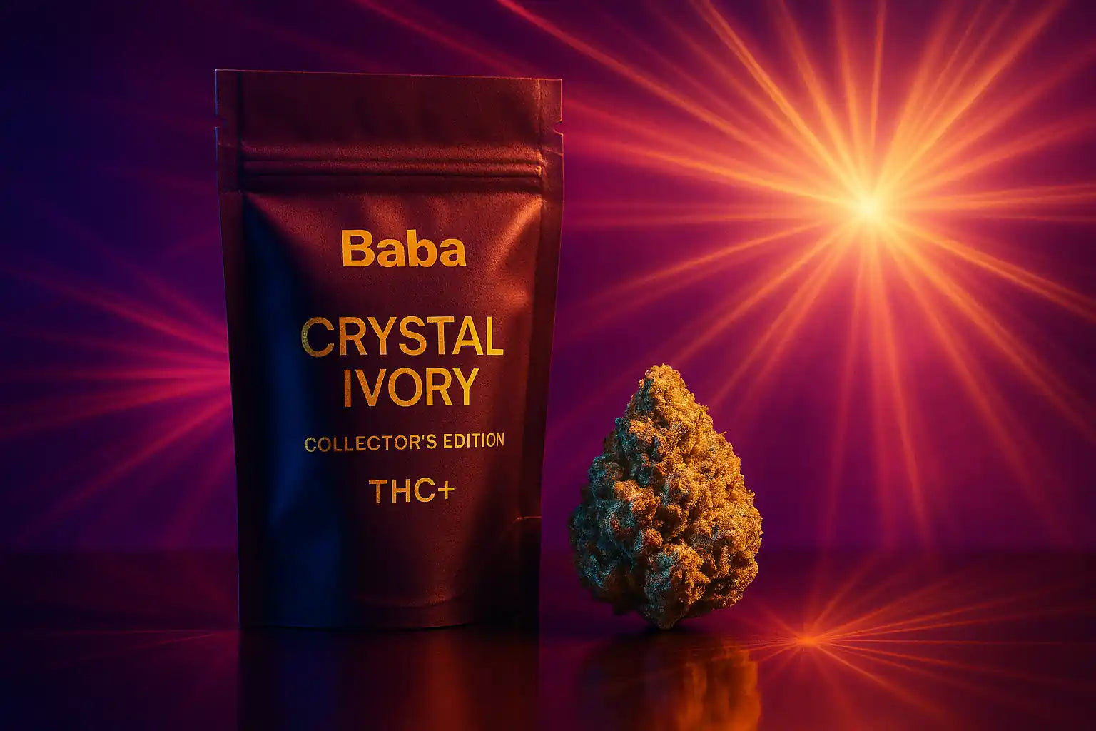 Mise en scène artistique et premium du THC+ Crystal Ivory – édition collector Chez Baba, ambiance street-luxe avec jeux de lumières dorées et violettes.
