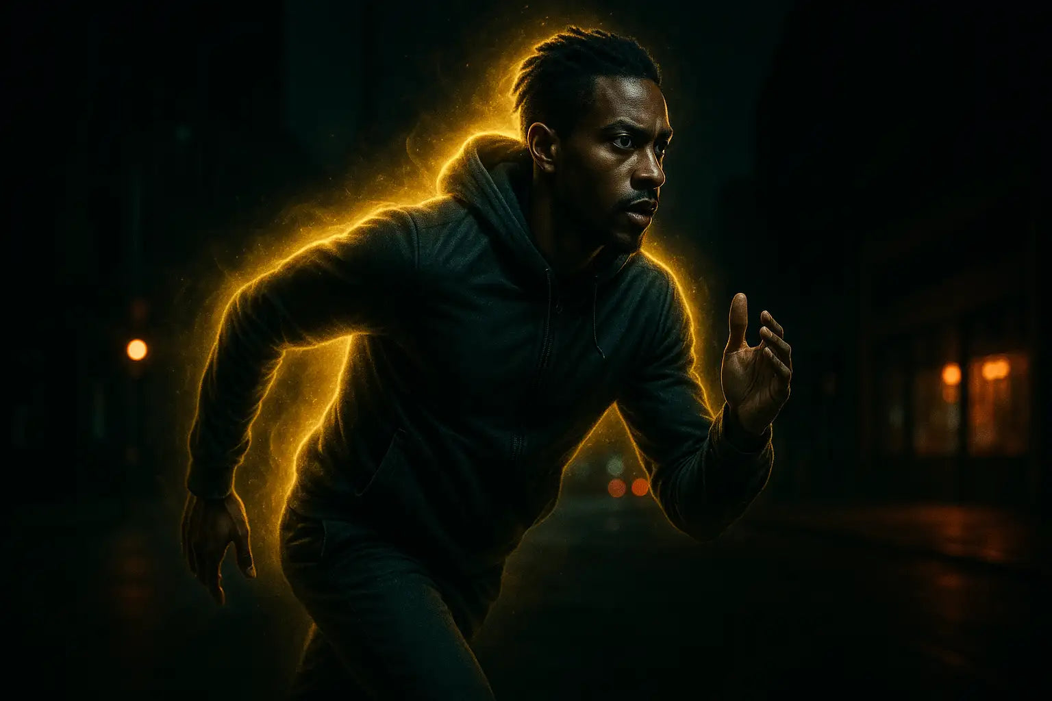 Illustration premium street-luxe d’un homme en mouvement avec aura dorée, symbolisant les effets énergisants du THCV